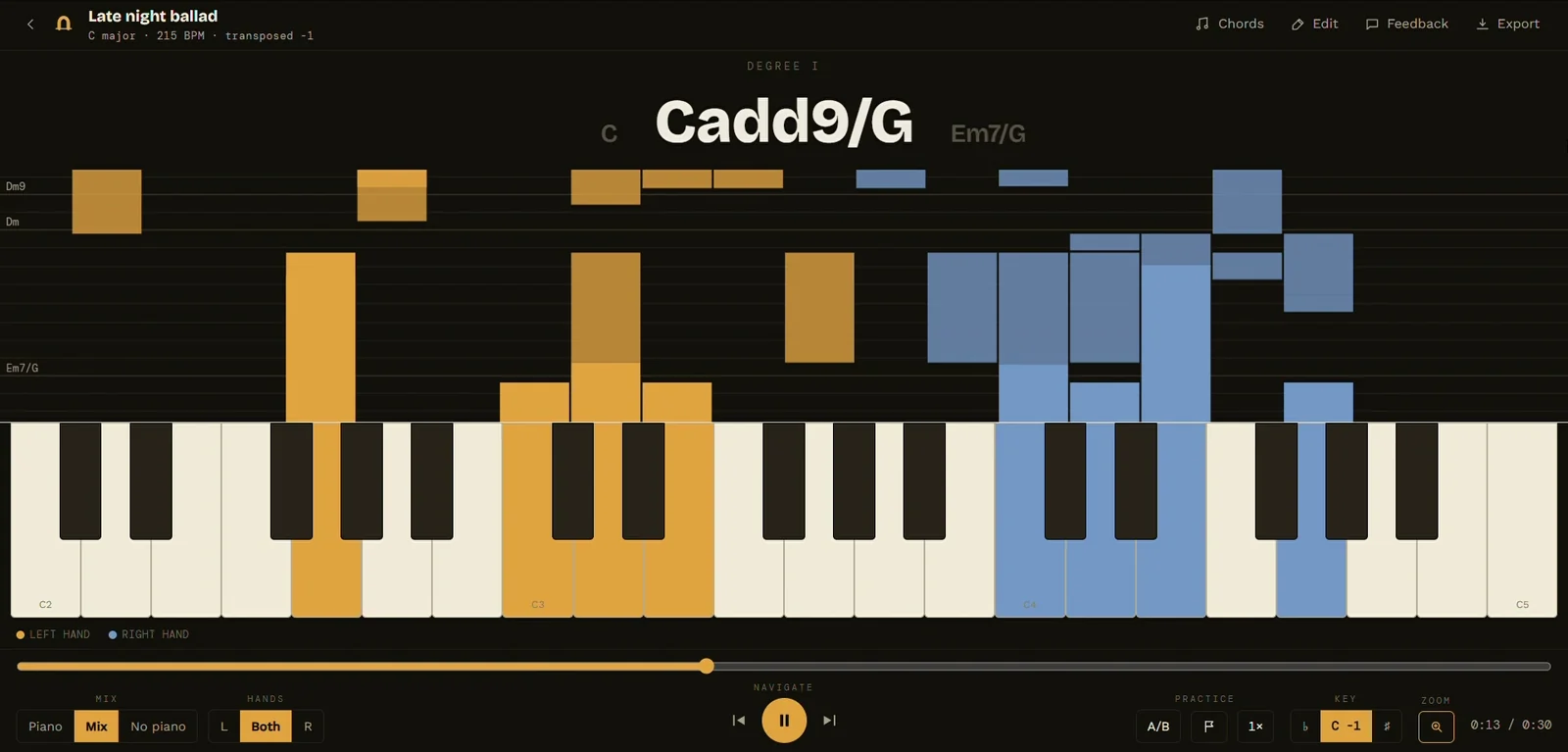 The Neuma player showing falling notes on a keyboard, the current chord, and the practice controls
